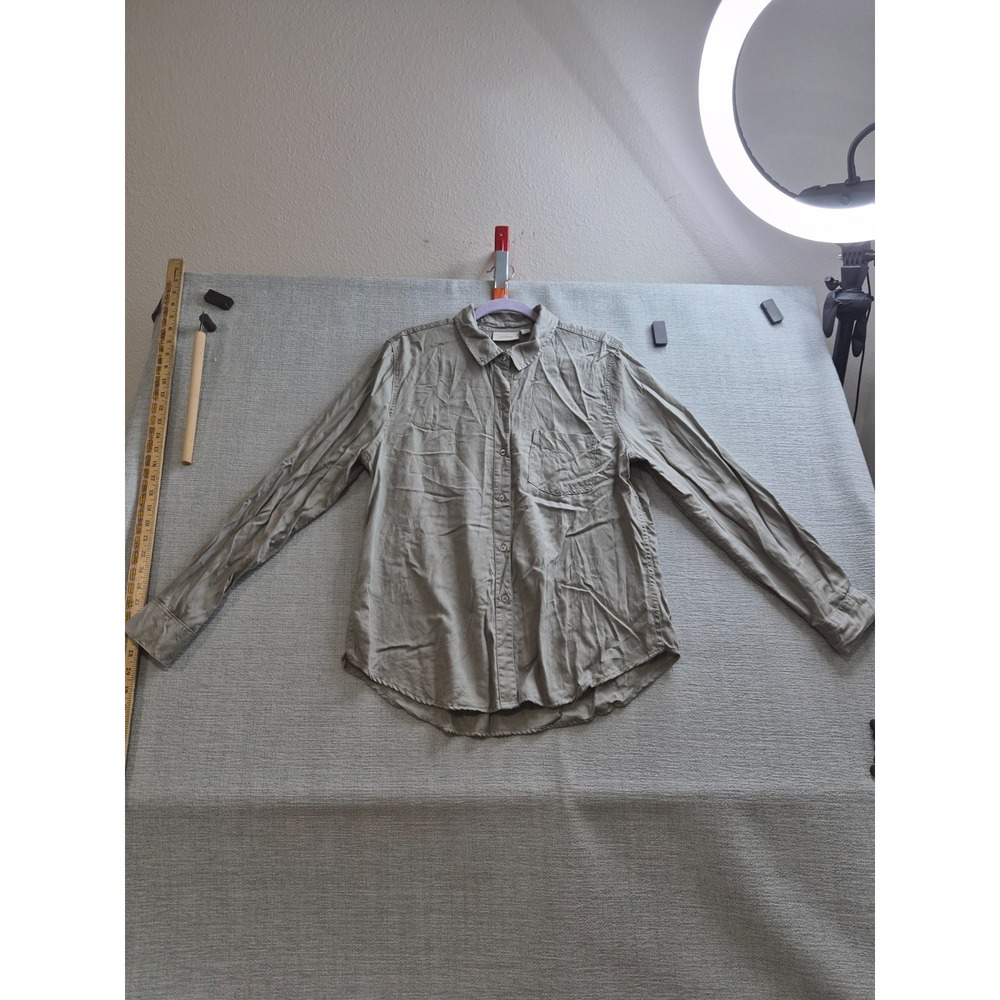 Ecothreads Shirt Womens Medium Gray Button Front Casual Back Box Curved Hem